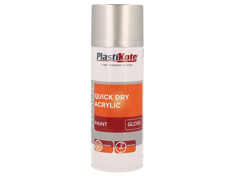 PlastiKote Trade Quick Dry Acrylic Spray Paint Gloss Silver 400ml Main Image
