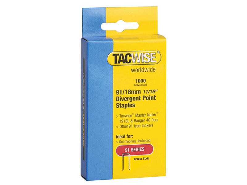 Tacwise Narrow Crown, Divergent Point Staples 91/18mm for Electric Tackers - Pack of 1000 Main Image
